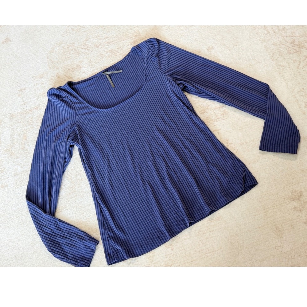 Anthropologie Blue Ribbed Scoop Neck Long Sleeve Puff Shoulder Top Size M
